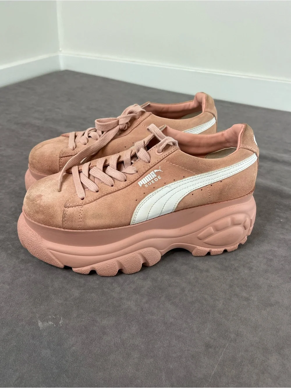 Puma Pink Suede Platform Sneakers with White Formstrip